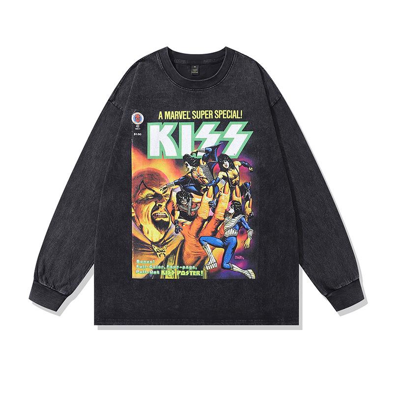 

Autumn And Winter Guochao Brand T-Shirt High Street Retro Portrait Printing Long-Sleeved T-Shirt Washed And Made Old Vintage Tops For Men And Women S