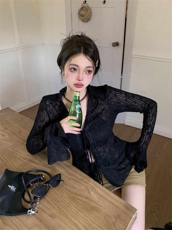 Women's Black Sheer Chiffon Sun Protection Shirt, Lace-Up Waist, Slimming Fit - Autumn 2026