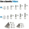 240-piece set of stainless steel hex bolts and nuts, M5 and M6, lengths 8mm, 12mm, 16mm, and 20mm.