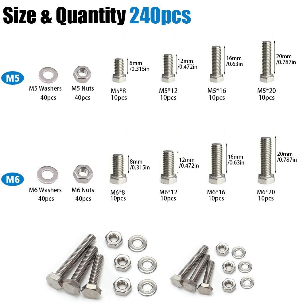 240-piece set of stainless steel hex bolts and nuts, M5 and M6, lengths 8mm, 12mm, 16mm, and 20mm.