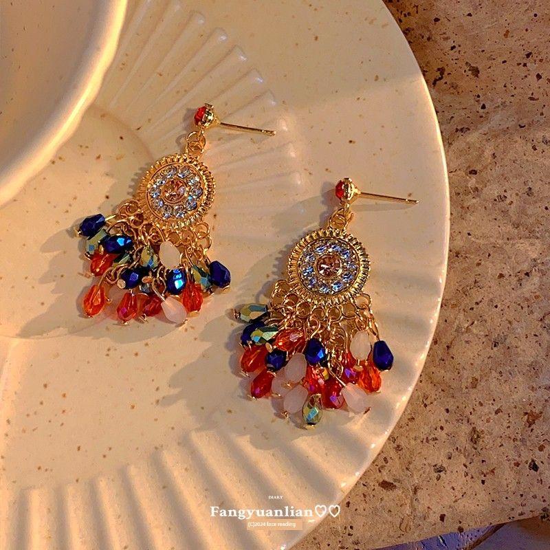 

Bohemian Style ~ Colorful Crystal Pendant Tassel Earrings Women Earrings Retro Ethnic Style Earrings Unique Earrings Color tassel earrings