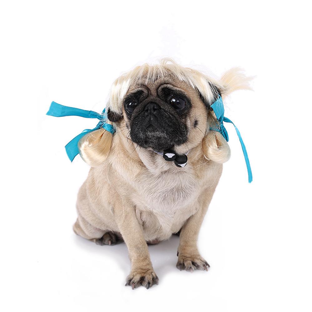 

High Stylish Temperature Silk Dog Wig With Blue Ribbons For Fashionable Pet Accessories Blue Ribbon Gold