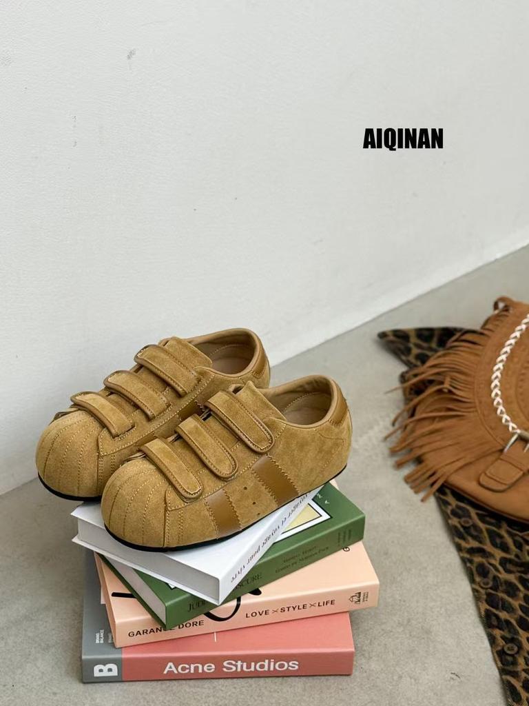 Ugly Cute Shell Head Women's New Retro Matte Leather Velcro Big Head Board Shoes Women's Single Shoes