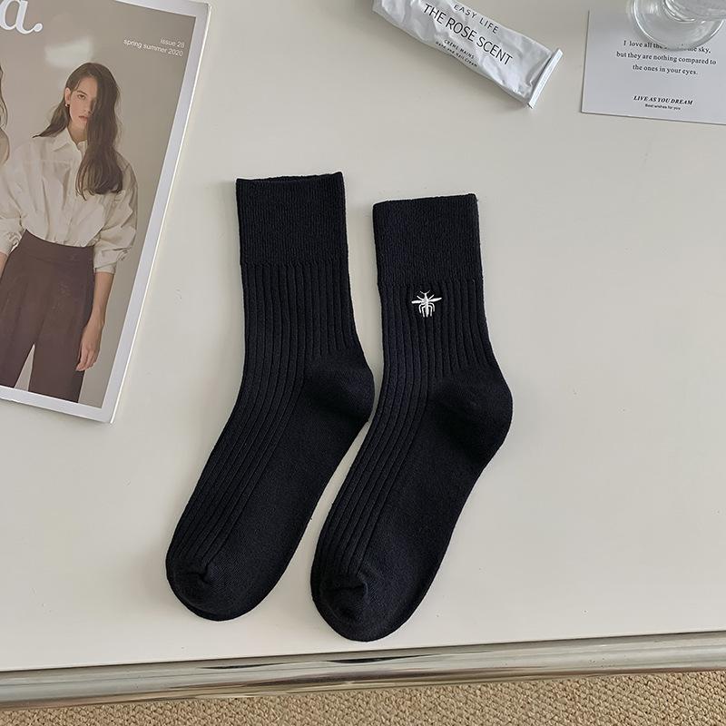 Embroidered Bee Socks Mid-Tube Socks Catwalk The Same Trendy Solid Color Cotton Socks Vertical Striped Double Needle Socks