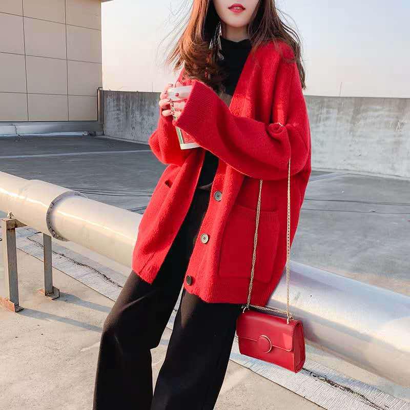 2025 Korean Style Women's V-Neck Knitted Cardigan: Loose-Fit, Solid Color, Single-Breasted with Pockets