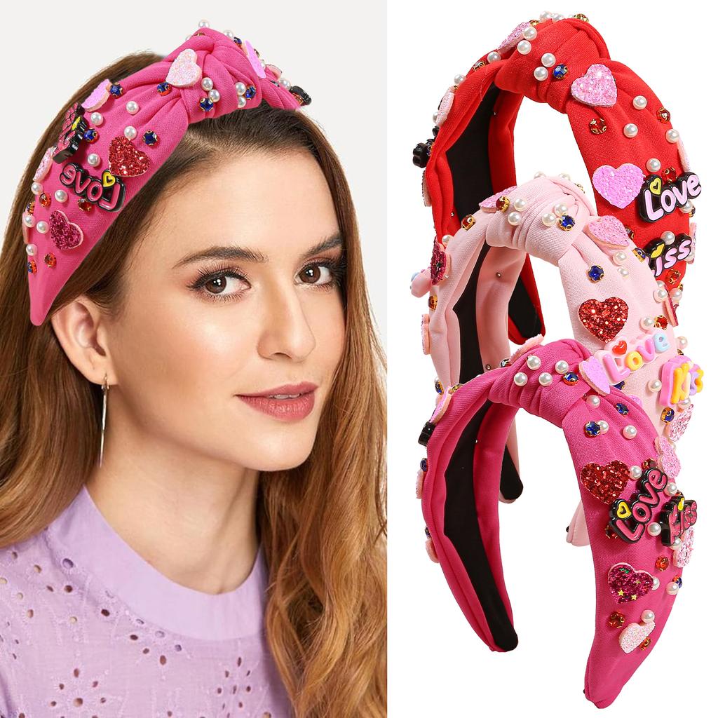 Fashion Valentine's Day Headbands for Women Glitter Heart Letter Hairbands Crystal Pearl Headband for Party Hair Accessories