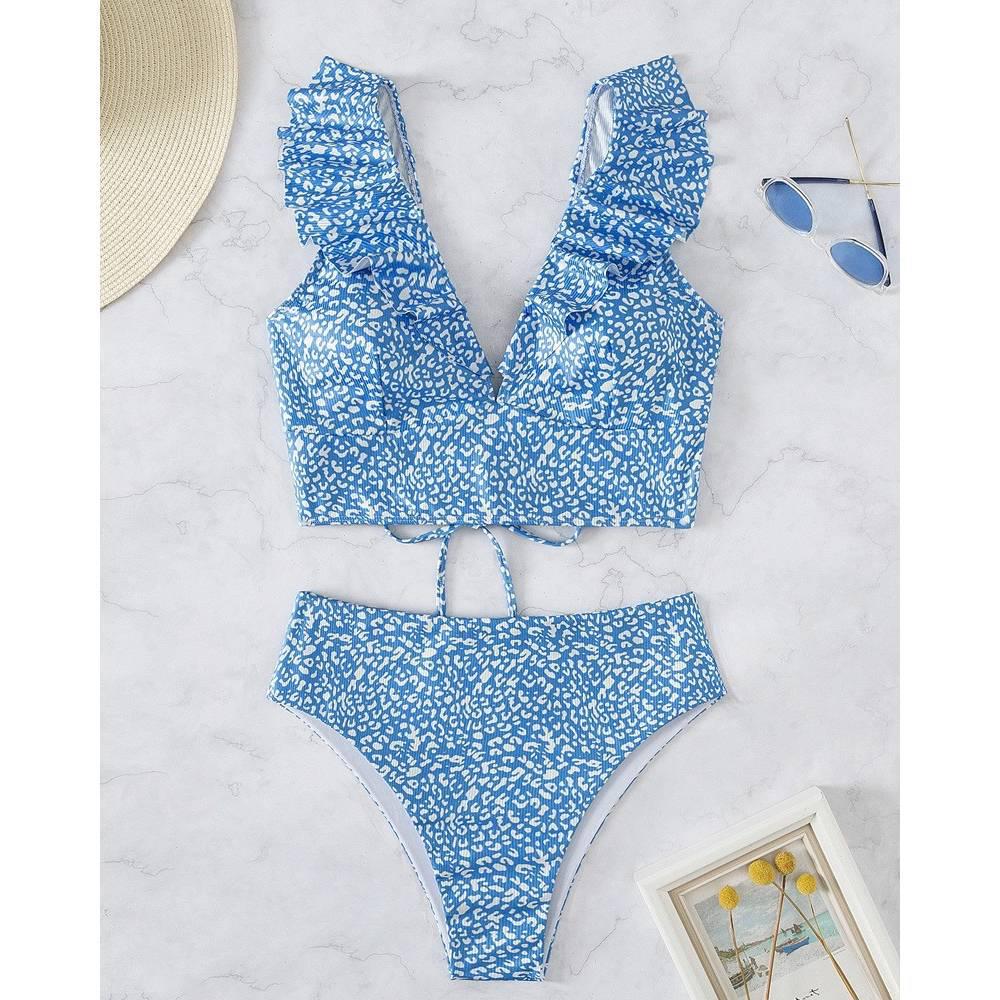 Multicolor Ruffle V-Neck High Waist Bikini - Women's European & American Beach Swimwear