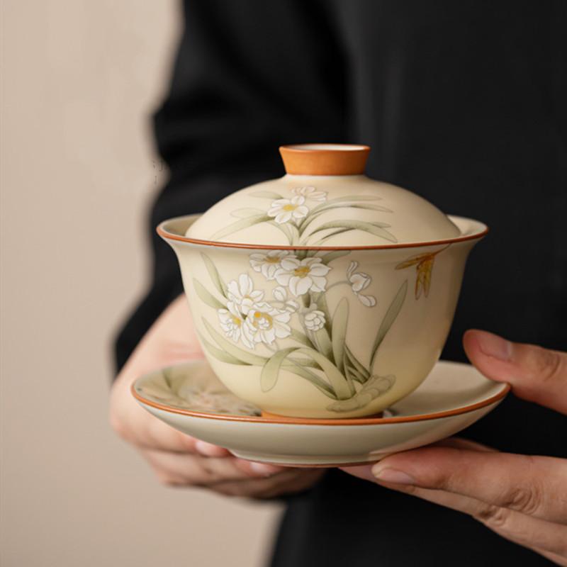 Čínská béžová Ru Kiln Čaj Tureen Šálek na čaj Ručně malované květiny narcisů Keramická čajová miska Gaiwan pro domácnost Cestovní konvice na čaj Čajovač