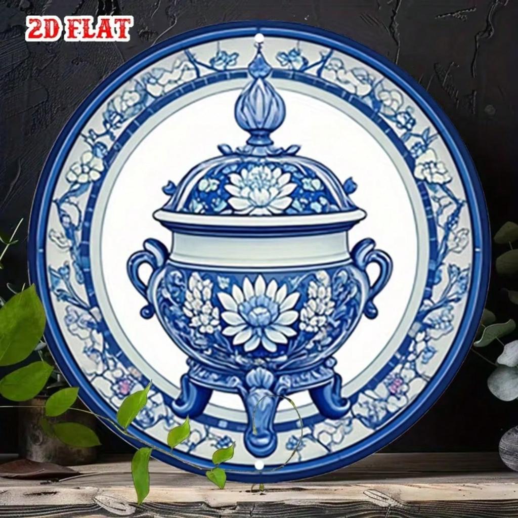 Vintage Blue White Porcelain Floral Metal Sign 7.8 Inch Round Rustproof Wall Decor For Cafe Beach Home Plate Art
