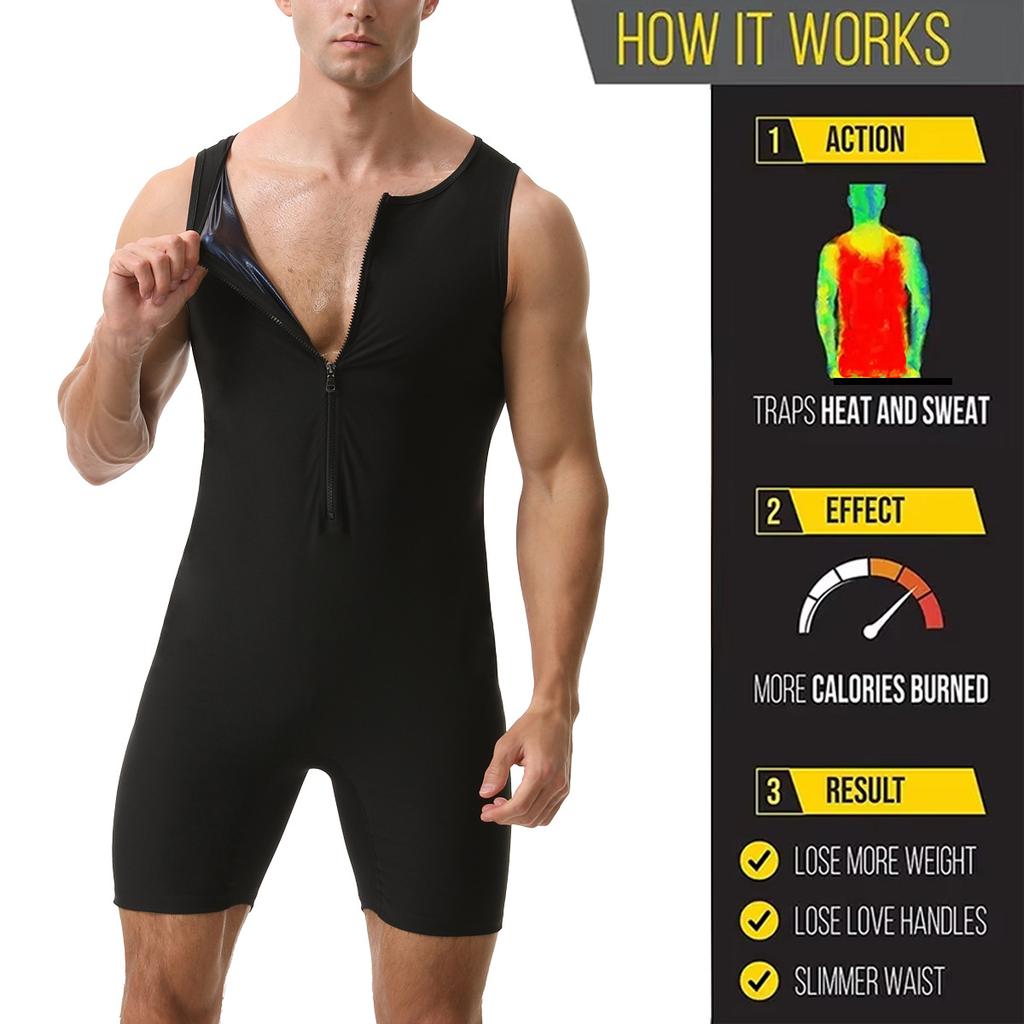 Combinaison Sauna Homme Gainant Body de Course Sweat à Fermeture Éclair Entraînement avec Short Maillot de Corps Fitness Musculation Combinaison d'Exercice Débardeur Combinaison