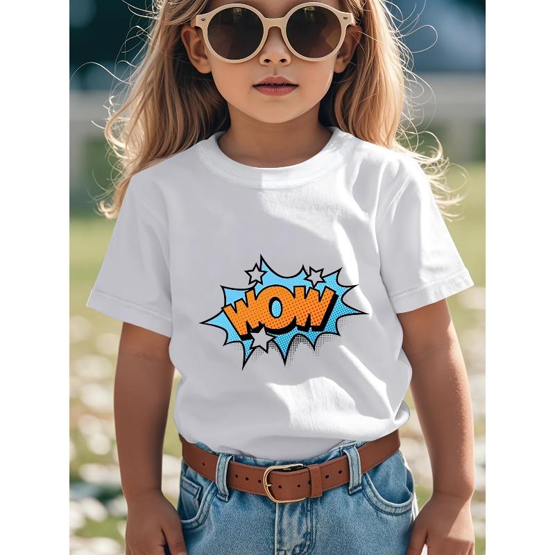 

European sizes Wow Series Short-Sleeve T-Shirts for Boys And Girls - Featuring a White Vintage Comic WOW! Logo with POW! Design 98cm