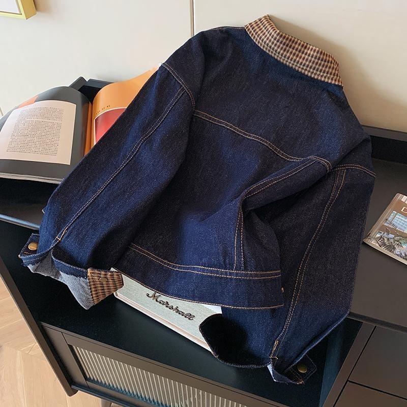 Women's Retro Plaid Patchwork Denim Jacket with Turn-Down Collar, Fall 2025 Collection - Casual and Versatile.