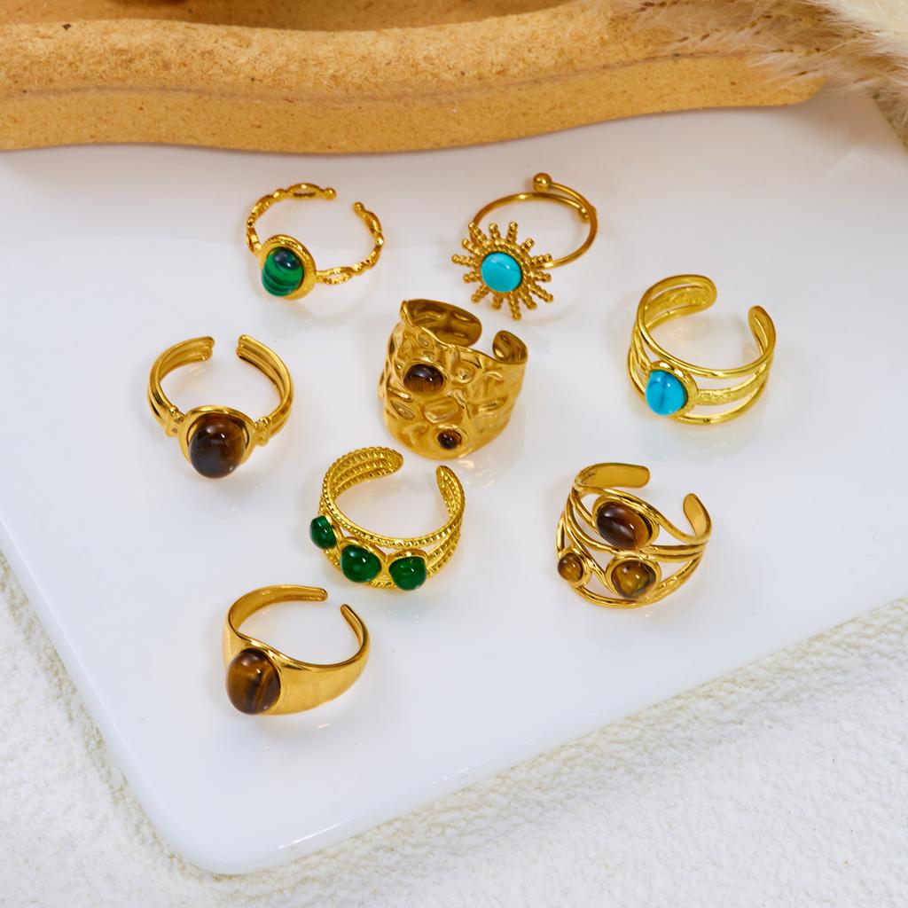 Vintage Boho Turquoise Tiger Eye Stone Rings For Women Stainless Steel Natural Stone Open Finger Ring Party Aesthetic Jewelry