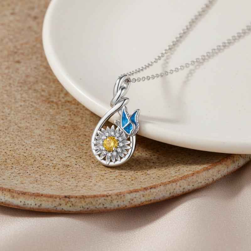 Elegant Butterfly Sunflower Pendant Necklace Women - Plated Copper Lightweight Chic Statement Jewelry