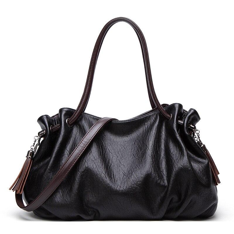 2021 Vintage Fashion High Capacity Tote Handbag Soft Leather Female Bag Casual Pleated Shoulder Bag Tassel Design Bag for Women