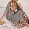 Summer Vacation Bohemian Dress Ethnic Style Patchwork A Line Maxi Dress Elastic Waist V Neck Short Sleeves Women Beach Dress Printing