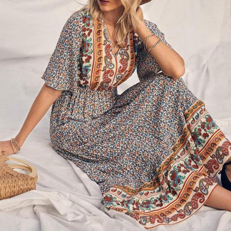 Summer Vacation Bohemian Dress Ethnic Style Patchwork A Line Maxi Dress Elastic Waist V Neck Short Sleeves Women Beach Dress Printing