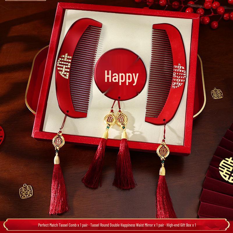 Elegant Bridal Gift Set: High-End Red Wedding Dowry with Mirror and Comb for Mother-in-Law