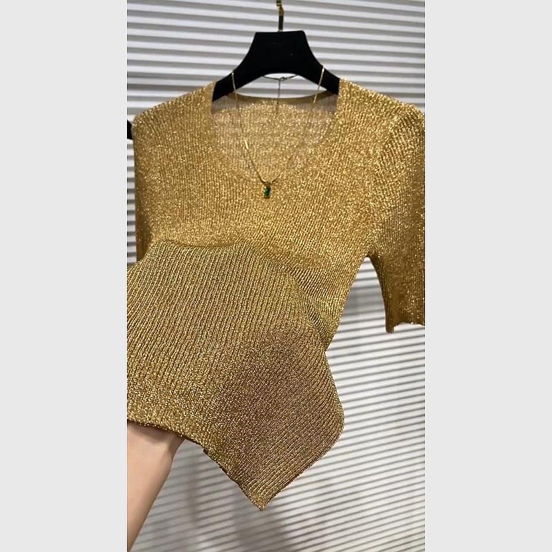 

Women Summer Gold Short-sleeved T-shirt Slim Ice Silk Knitted Top 2XL