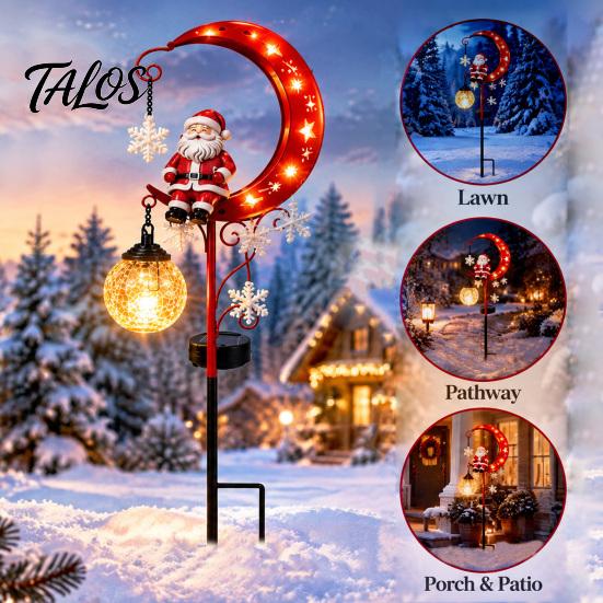 Outdoor Holiday Lighting Christmas Santa Moon Solar Stake Light, Claus Sitting on Half Lamp Decoration Light with Garden Stake, LED Decorative