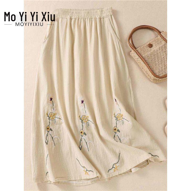 Embroidered Cotton Linen A-line Skirt - High Waist, Wide Hem, Casual Fit