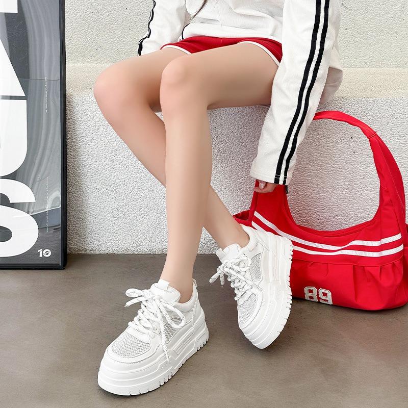 Muffin thick-soled white shoes women's spring and summer leather mesh splicing breathable and lightweight small height-increasing casual shoes