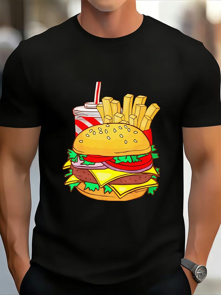 Burger Fries Drink Fast Food Cartoon Print Unisexs Crew Neck Short Sleeve Casual Basic Summer Daily Soft Comfort Fit Wear Tee Shirt