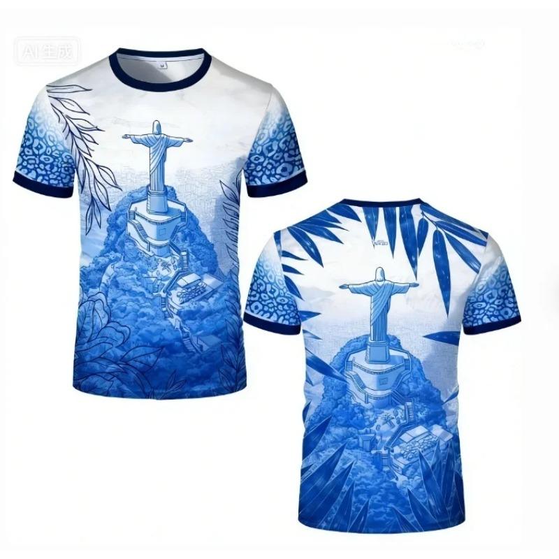 Fashion Casual Short-sleeve T-shirt with Brazil Jesus Statue Print On Front and Back for Daily Travel Wear
