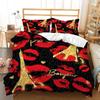 Paris Duvet Cover Set Sexy Red Lips Kiss Marks Decor Bedding Set For Girls Lovers Eiffel Tower Comforter Cover With Pillow Cases
