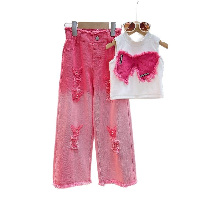 Girls' Summer Clothing Set Children's Sleeveless Perforated Jeans Two Piece Set Medium To Large Girls' Summer Fashion