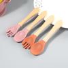 Silicone Baby & Toddler Tableware with Wooden Handle Fork & Spoon for Feeding Training