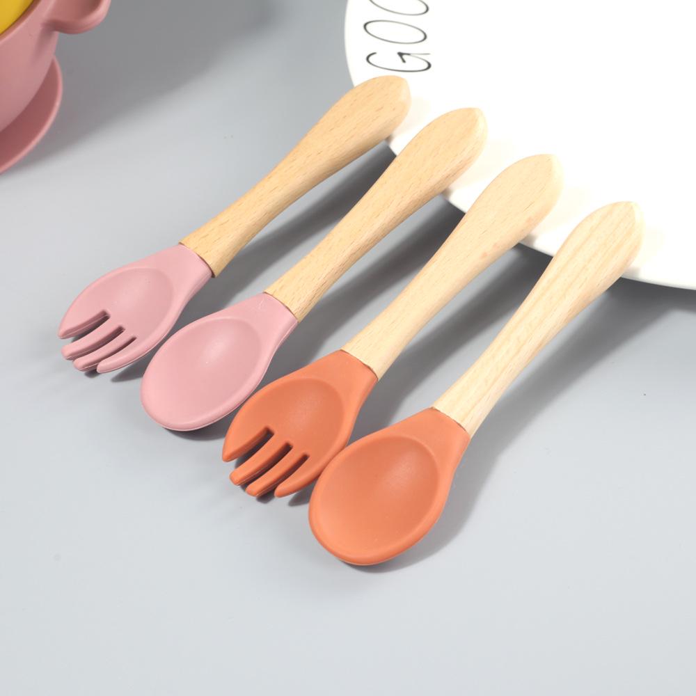 Silicone Baby & Toddler Tableware with Wooden Handle Fork & Spoon for Feeding Training