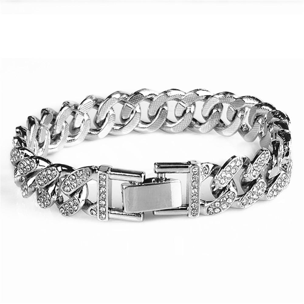 Hip Hop Shiny Cuban Link Chain Bracelets Women Men Gold Color Rhinestone Iced Out Chain Bracelets Punk Wristband Jewelry Gift