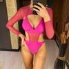 Costume da bagno intero da donna con maniche lunghe ritagliate a 3 colori Costume da bagno intero con taglio a gamba alta femminile Costume da bagno monokini con taglio a gamba alta