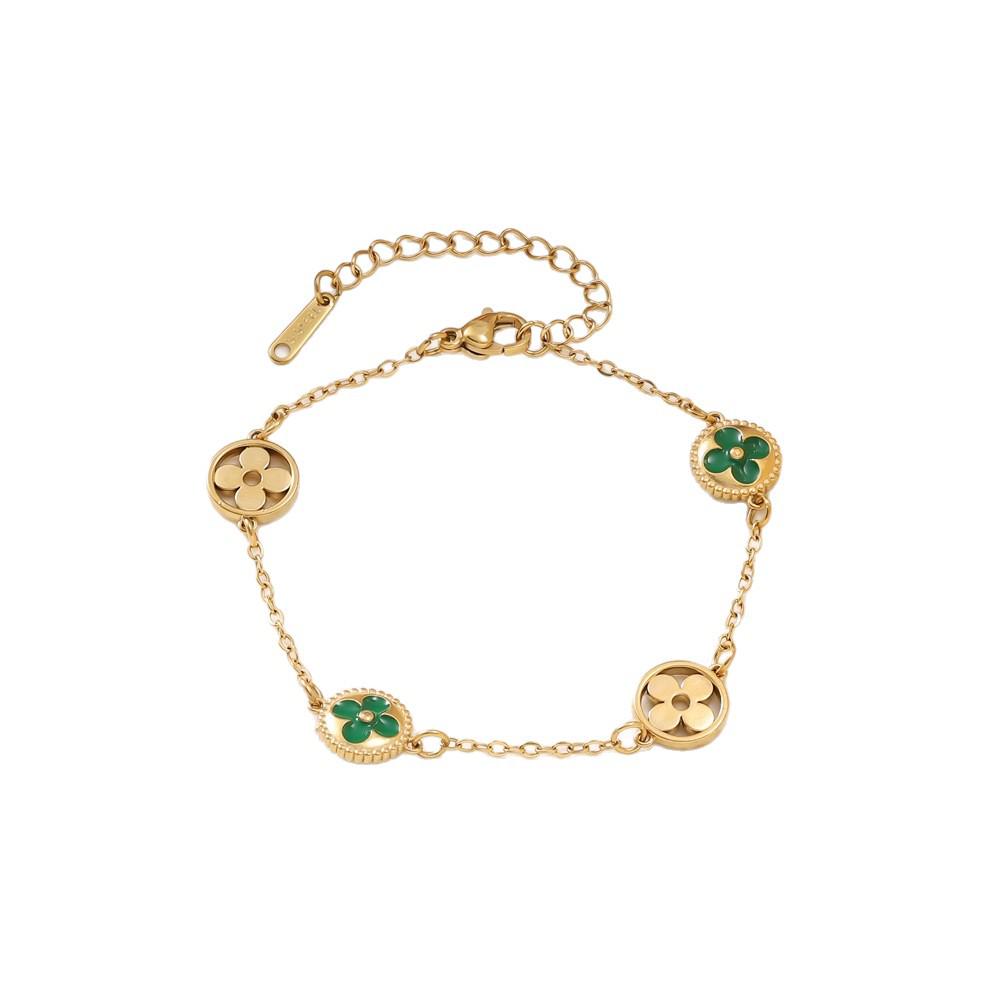 Korean-Style Four-Leaf Clover Sweet Drop Oil Bracelet, Light Luxury Titanium Steel with 18K Gold Plating
