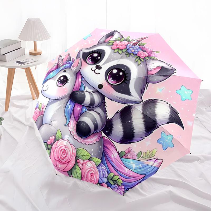 1pc Raccoon Unicorn Floral Fantasy Umbrella with Plastic Handle,Suitable for All Seasons Home Travel Outdoor UmbrellaDD761