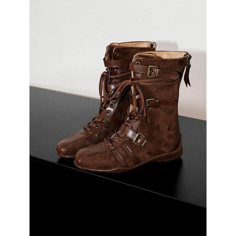 Cowhide Version~ Inner Height Increase 5cm Retro Leather Boxing Boots Women's Niche Belt Buckle Short Boots Rear Zipper Martin Boots