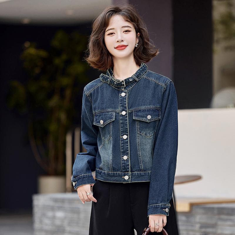 2025 Women's Blue Retro Denim Stand Collar Jacket - Spring & Autumn Casual Fashion (LU8930)