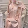 Flower Fairy Ice Silk Long Sleeve Nightdress Set with Lace and Chest Pads