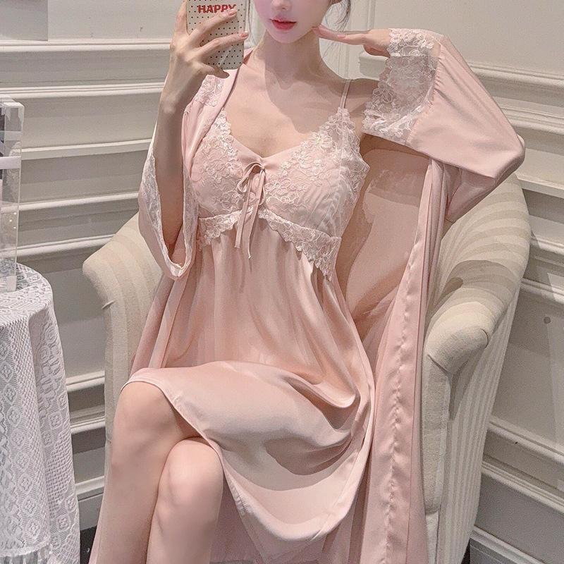Flower Fairy Ice Silk Long Sleeve Nightdress Set with Lace and Chest Pads