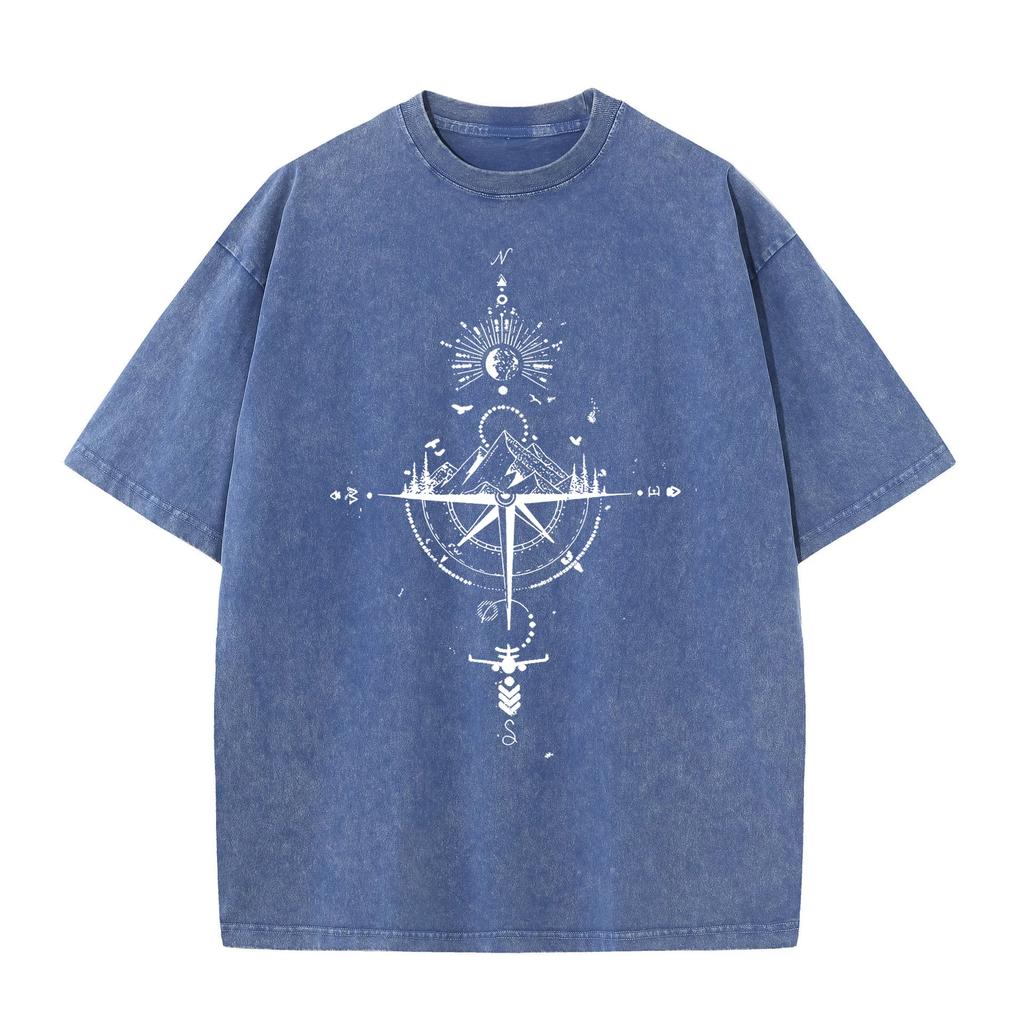 American Vintage Washed T Shirt Compass Mountain Graphic Streetwear Oversized Tee