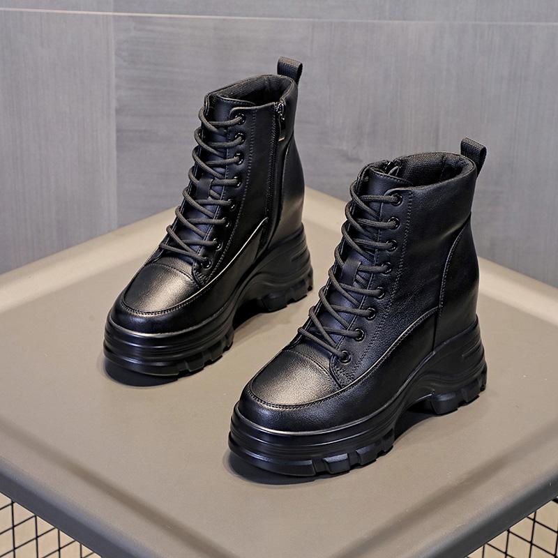 9Cm Cow Black Leather Platform Wedge Shoes Autumn Pumps Women Lace-Up Ankle Booties Spring Chunky Sneakers Mid Calf Winter Plush