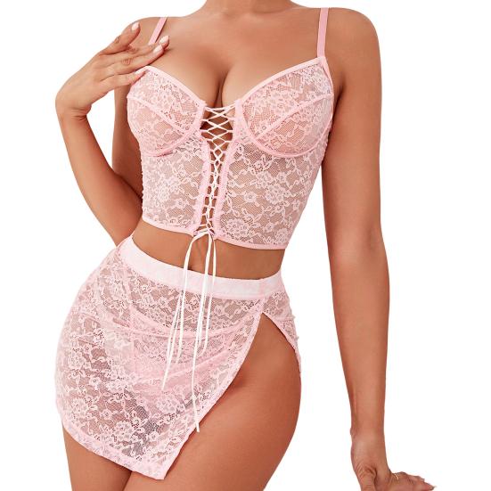 3 Pcs/Set Women Bra Panties Skirt Set See-through Lace Embroidery Hollow Out Lace-up Straps Thin High Waist Skirt Night Valentines Day Underwear Set