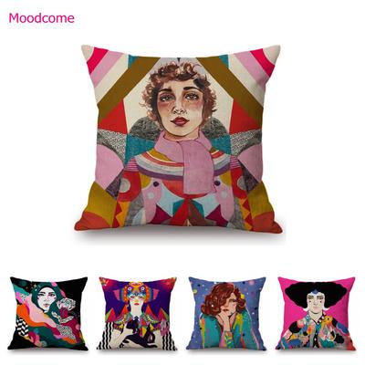 Colorful Cartoon Fashion Lady Art Abstract Impression Girl Decorative Sofa Pillow Case Cozy Leisure Cotton Linen Cushion Cover
