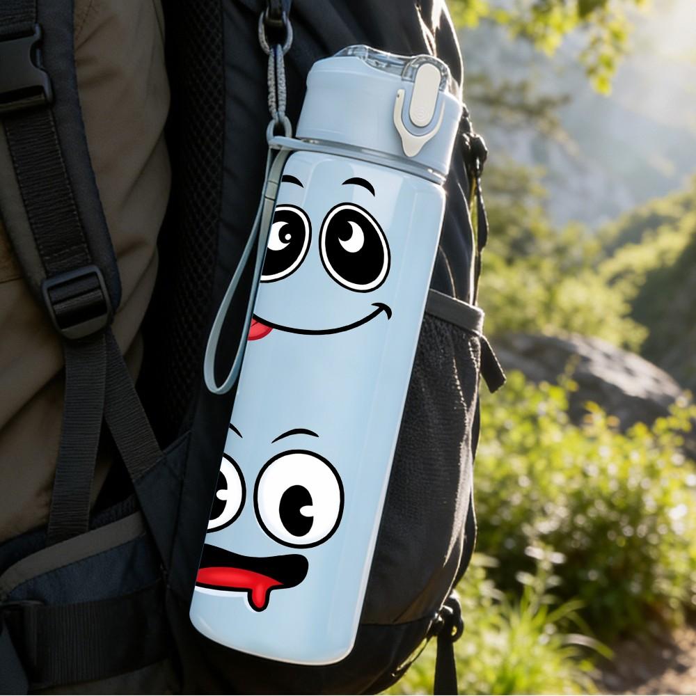 1PC Funny Face Two Emoji Cartoon Print 750ml Color Plastic Sports Water Bottle Leakproof Flip Straw Lid Suitable for Sports Office Home Use