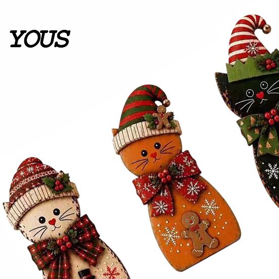 Christmas Cat Ornaments 3Pcs Wooden Tabletop Decor, Rustic 2D Figurines with Xmas Indoor Winter Home Decorations Hat, Santa & Gingerbread Patterns for