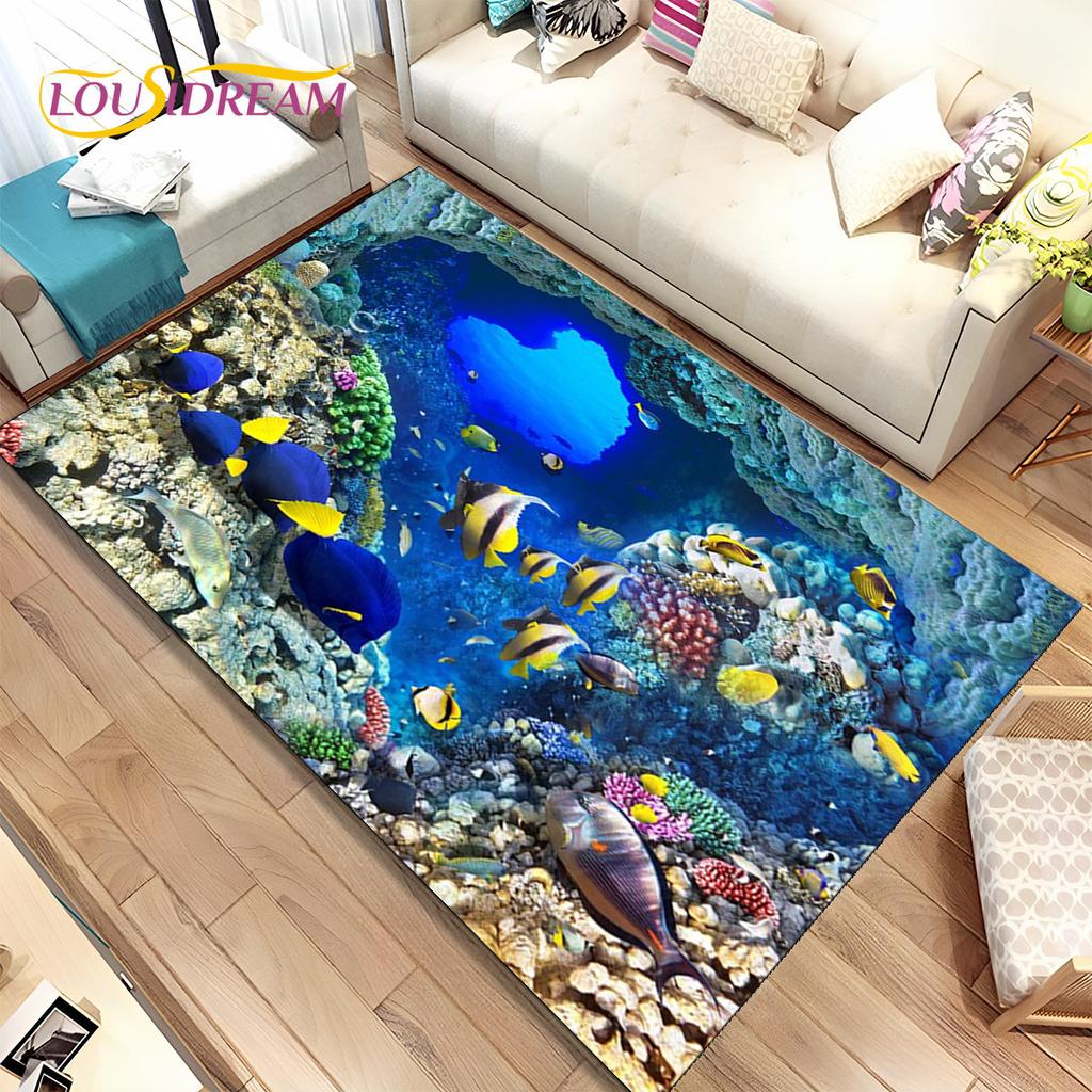 3D-Illusion, Meeresboden, Unterwasserwelt, Delfin, Hai, Teppich, Teppich für Wohnzimmer, Schlafzimmer, Sofa, Fußmatte, rutschfeste Bodenmatte