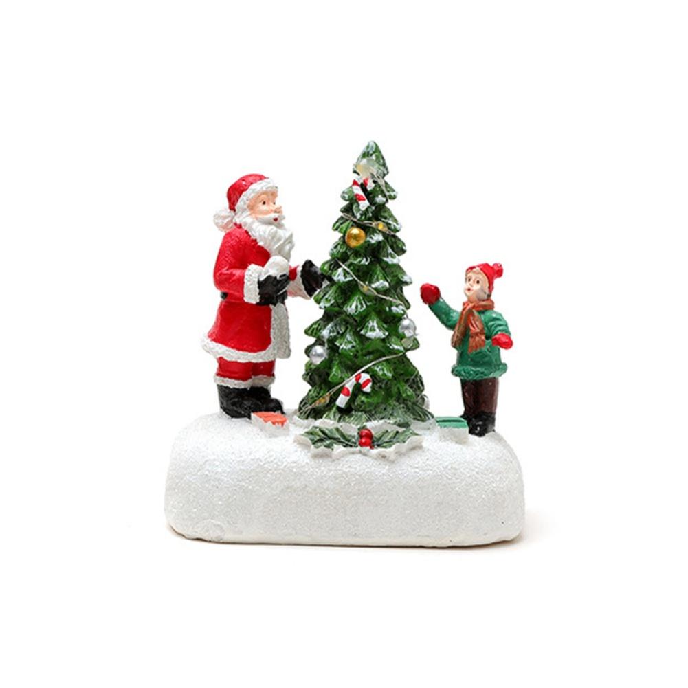 Christmas Resin Village Scene Decoration with LED Light for Tabletop Featuring Snowman Santa Tree Festive Display