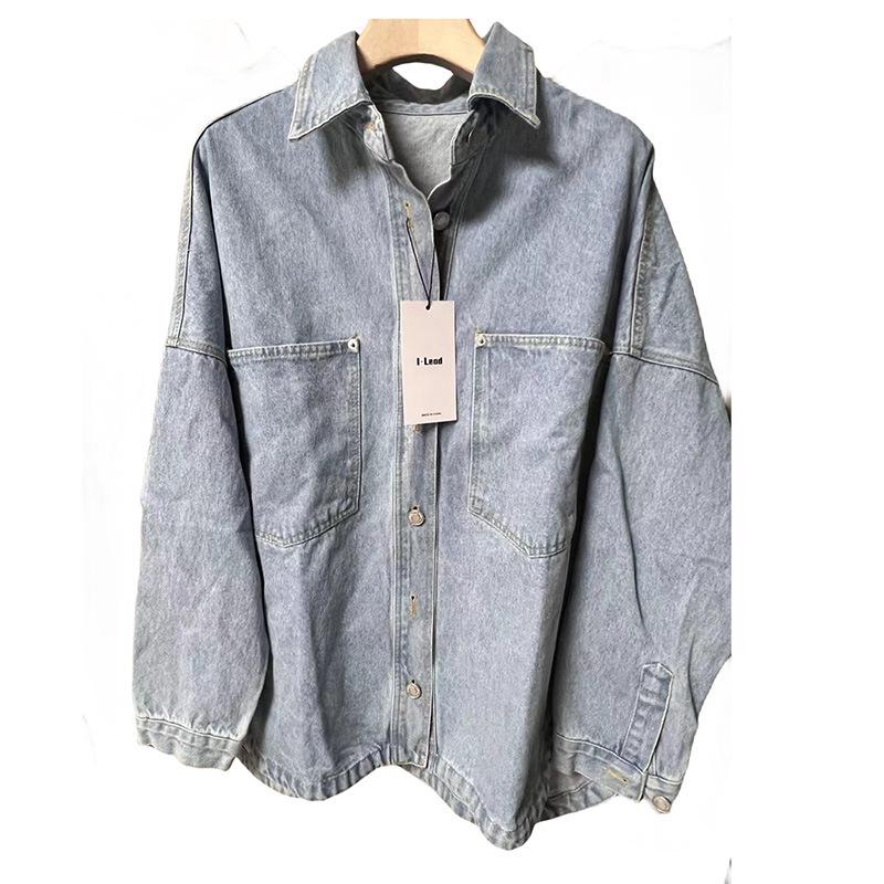 Women's Washed Blue Denim Shirt Jacket with Pocket Embellishments - European & American Style, Autumn Collection