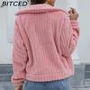 BITCED Women's Fall/Winter Ribbed Fleece Cardigan with Collar, Short-Length Jacket